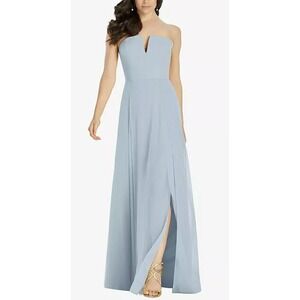NWT Dessy Strapless Notch Chiffon Maxi Dress in Mist‎ Blue, Size 14
